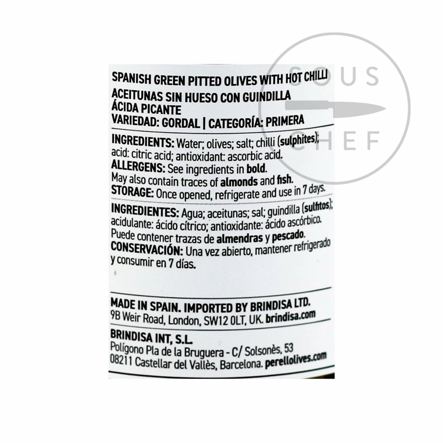 Perello Gordal Pitted Olives Ingredients