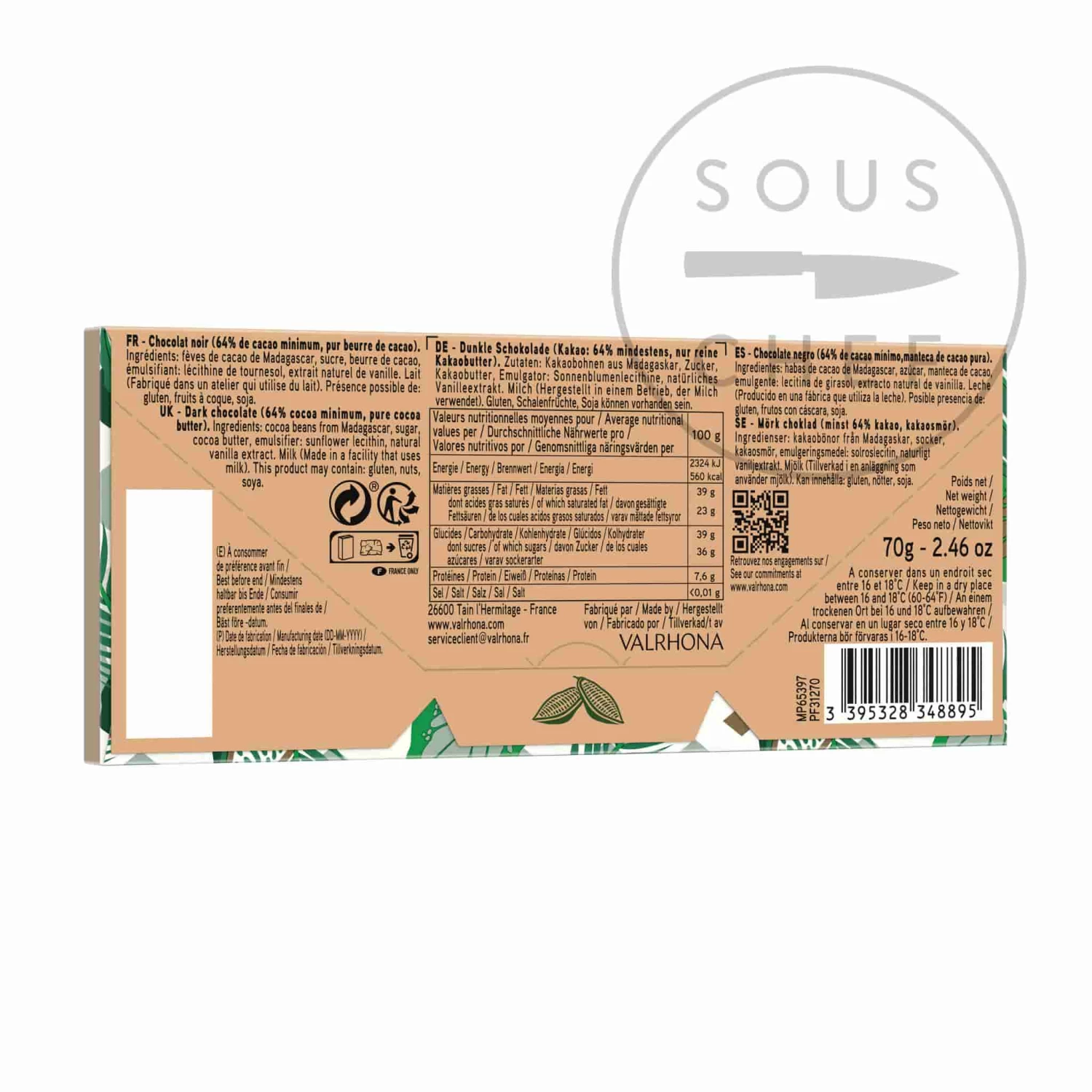 Ingredients Valrhona Dark Manjari 64% Dark Chocolate Bar 70g