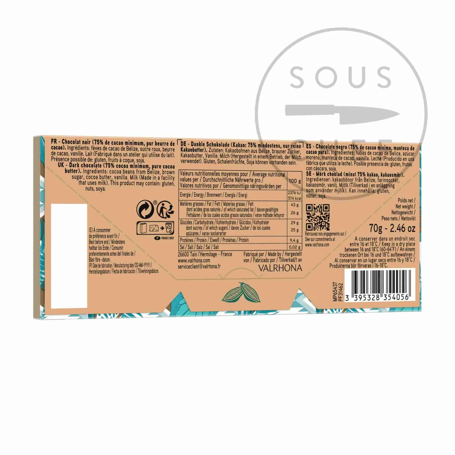 Valrhona Tulakalum 75% Dark Chocolate Bar 70g