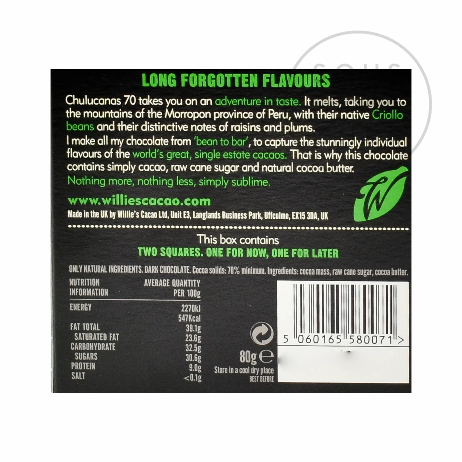 Willie's Cacao Chulucanas Gold 70% Peruvian Dark Chocolate 80g Ingredients