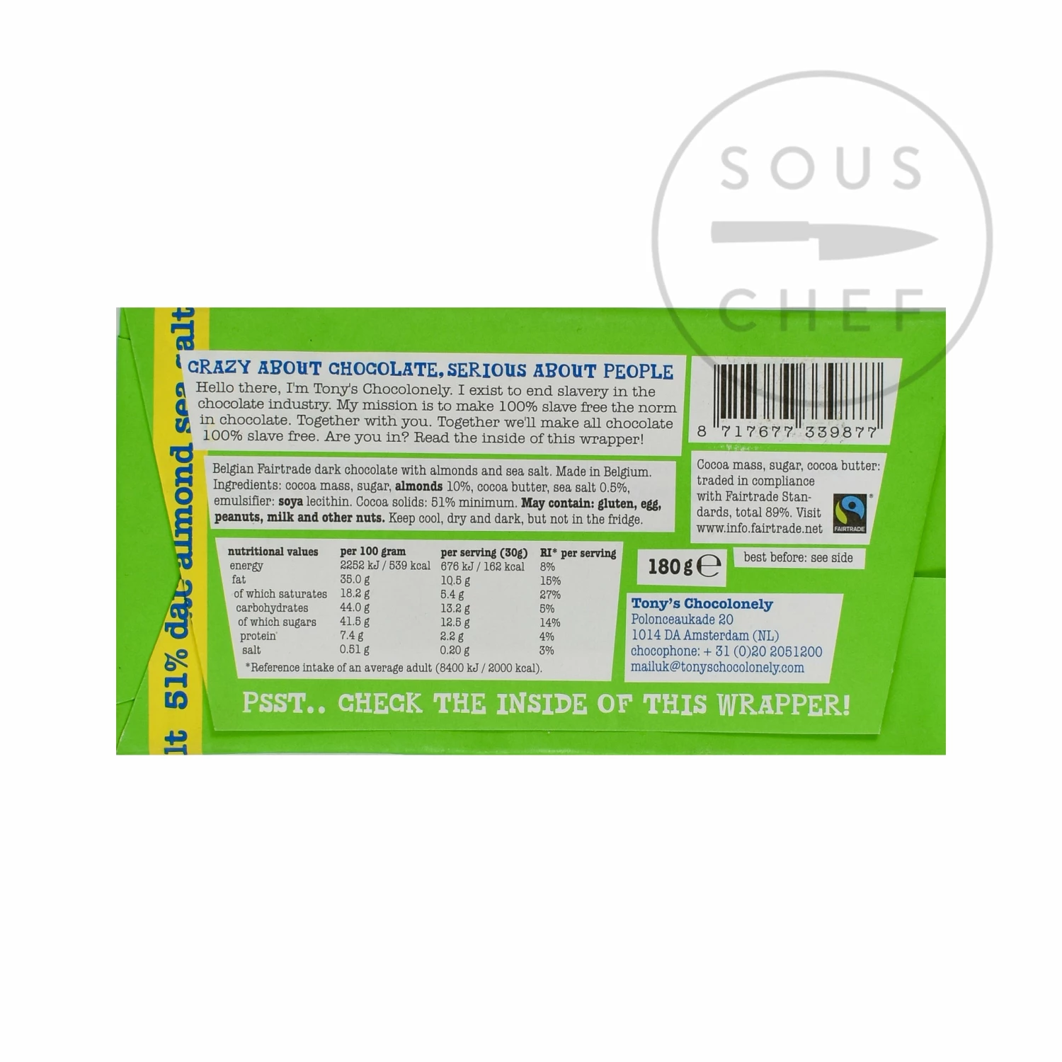 Tony's Chocolonely Dark Chocolate Almonds & Sea Salt 180g Ingredients