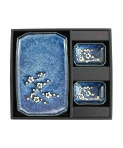 Kiji Stoneware & Ceramics Blue Sakura Sushi Serving Set