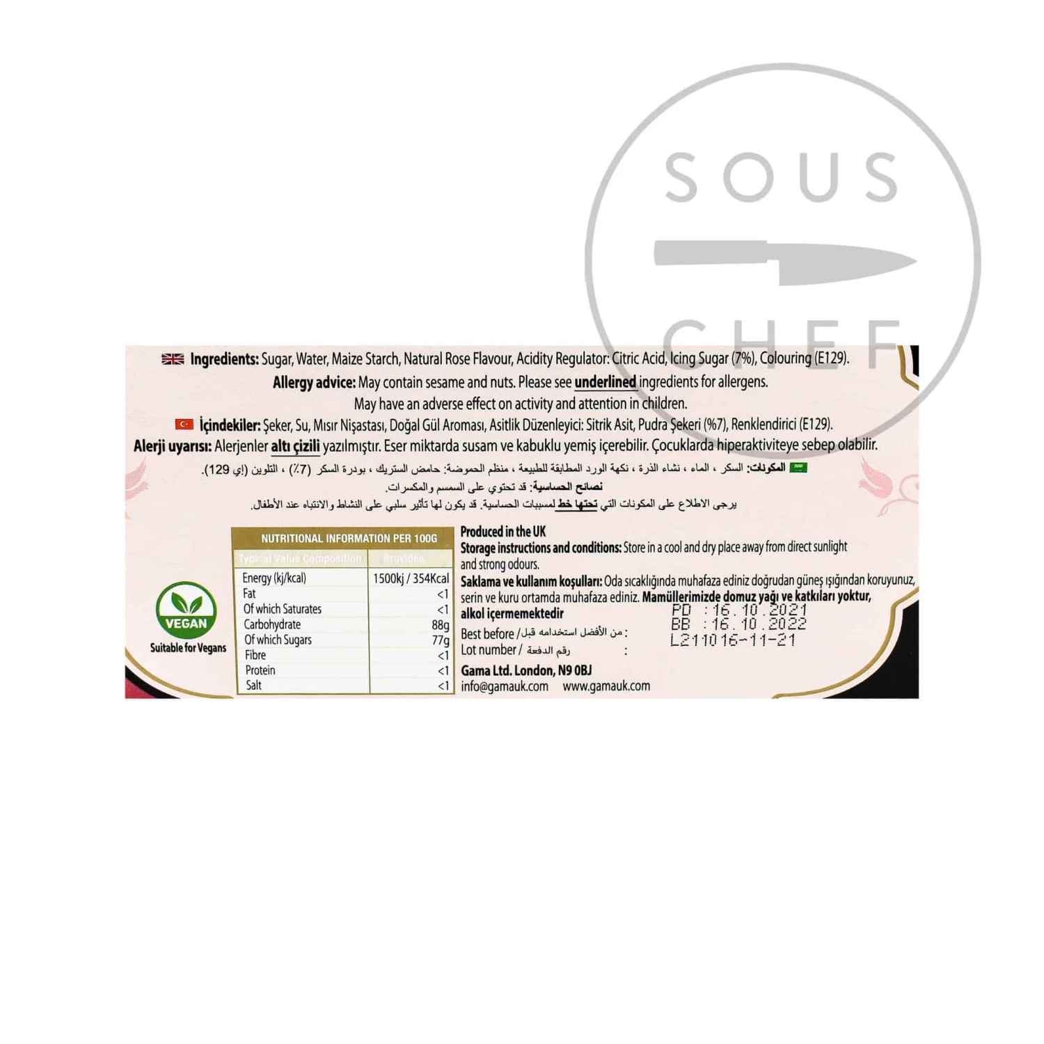 Gama Rose Turkish Delight 450g Ingredients