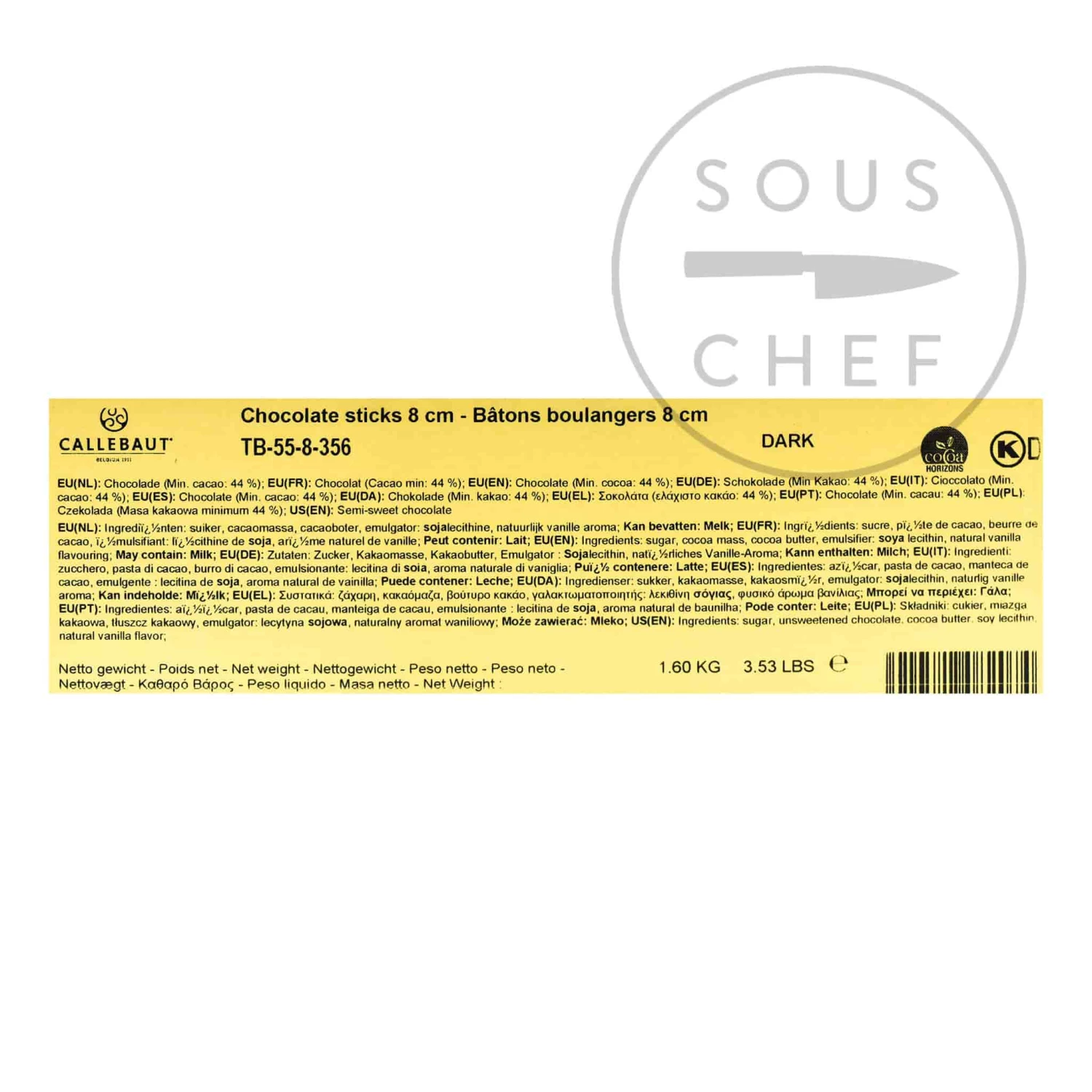 Ingredients Callebaut Dark Chocolate Croissant & Pain Au Chocolat Sticks 8 Cm 1.6 Kg