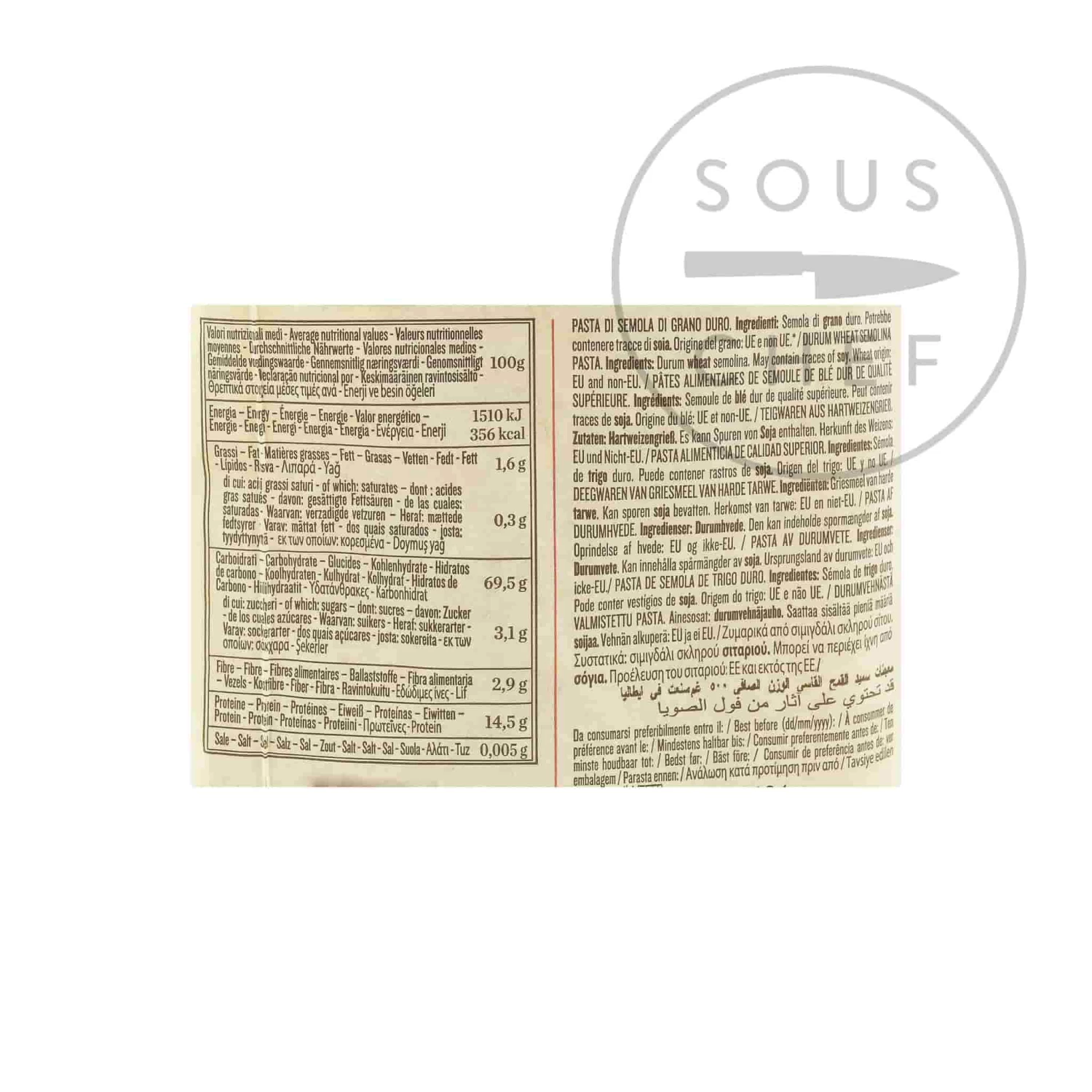 Rummo Conchiglioni Rigati 500g Ingredients