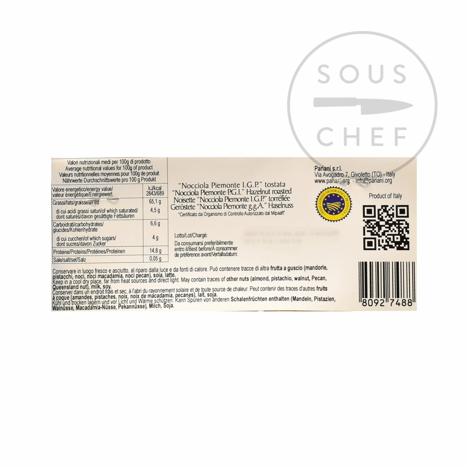 Pariani Roasted Piemonte IGP Hazelnuts 150g Ingredients