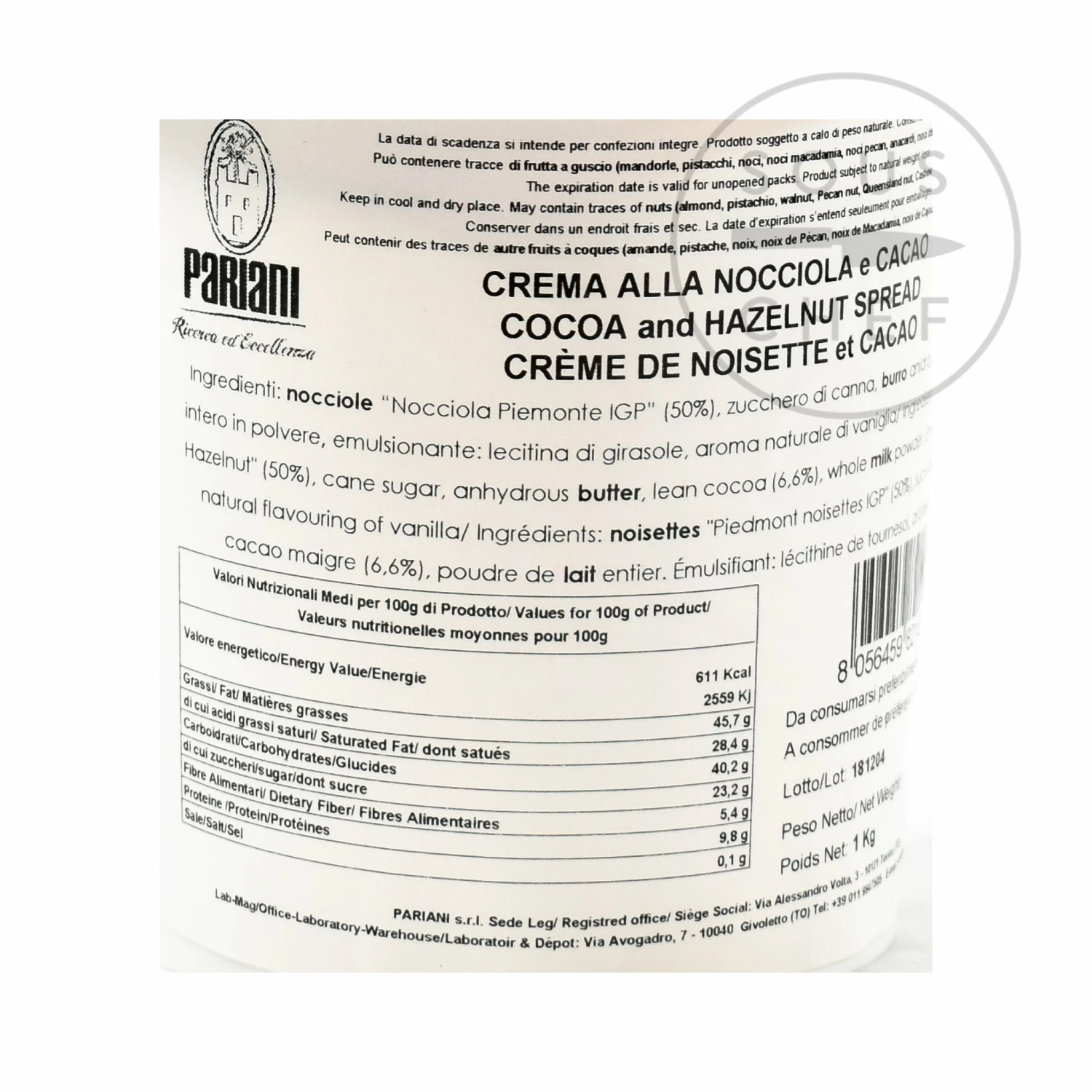 Pariani Italian Hazelnut Gianduja Paste 1kg Ingredients