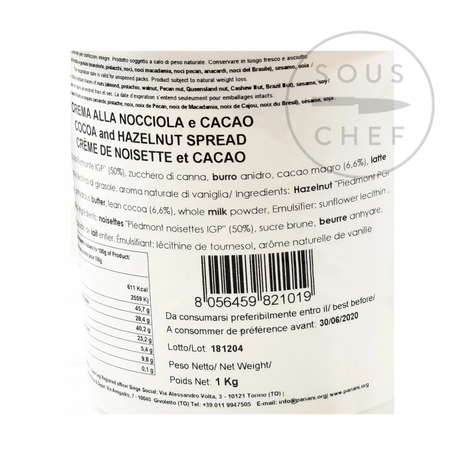 Pariani Italian Hazelnut Gianduja Paste 1kg Ingredients