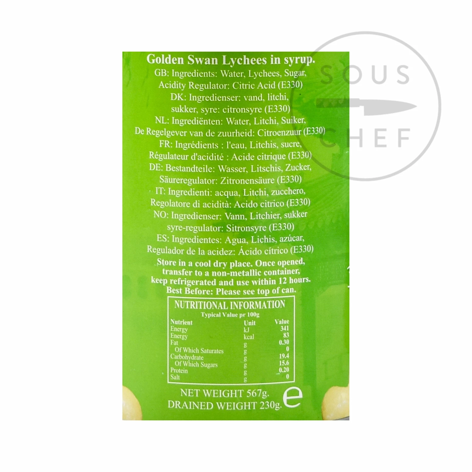 Golden Swan Lychee 565g Ingredients