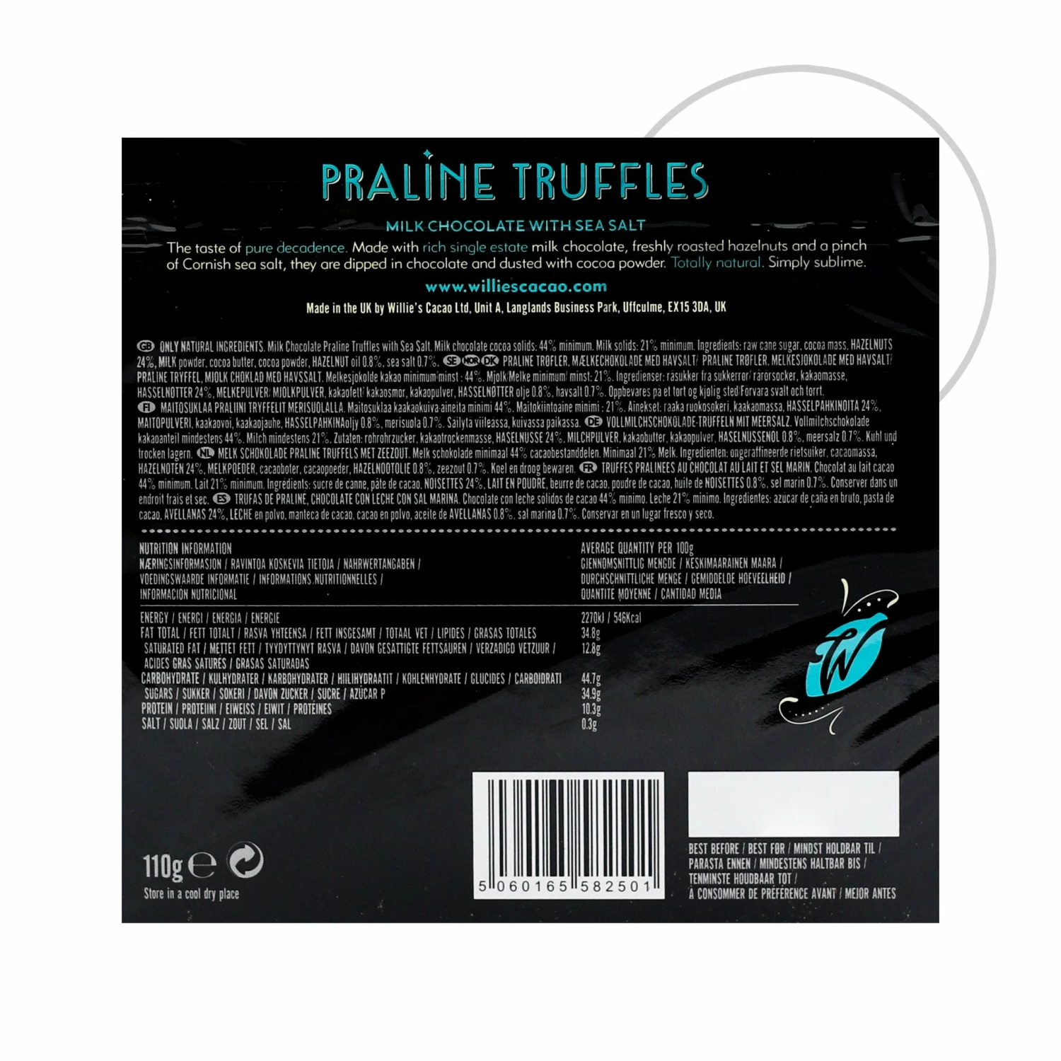 Willie's Cacao Milk Chocolate Praline Truffles With Sea Salt 110g Ingredients