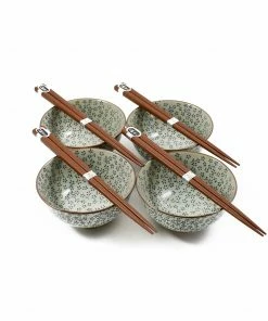 Kiji Stoneware & Ceramics Blue & White Flower Rice Bowl Set With Chopsticks